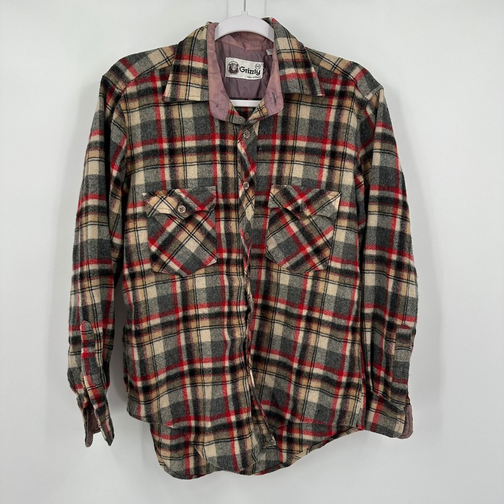 Grizzly Mens Vintage Wool Blend Plaid Flannel Shirt Size M Lumberjack Outdoors